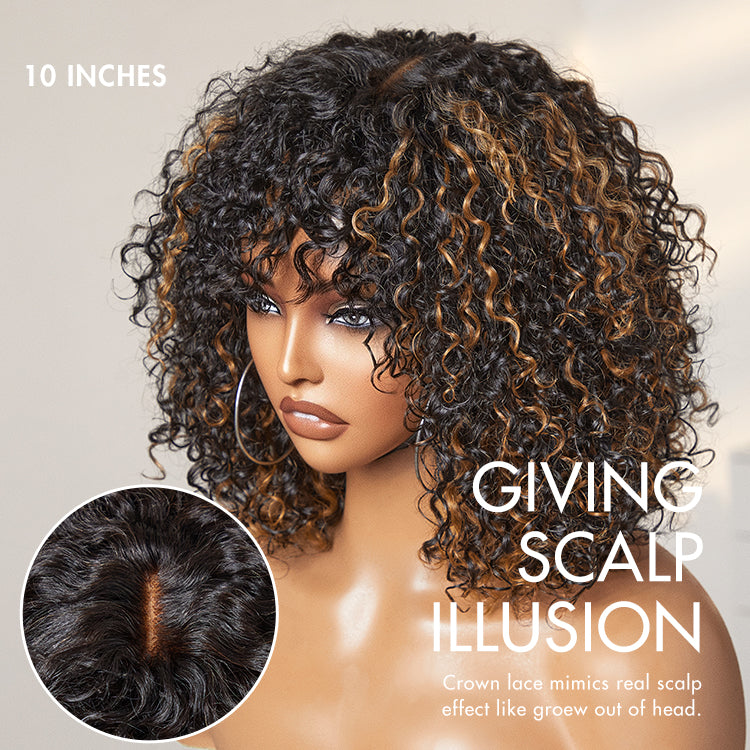 2 for $159.9 | 10 Inches Brown Highlight Water Wave Minimalist Lace Breathable Cap Wig + 10 Inches Ear-to-Ear Wide T Lace Bob Wig-03