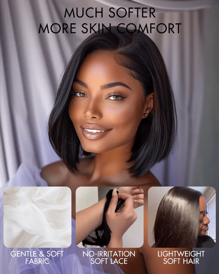 AiryFit™ Scalp Care Wigs - Brown Highlights Silky Blunt Cut Bob Snugfit Glueless Minimalist HD Lace Wig Pre-Cut Lace-17