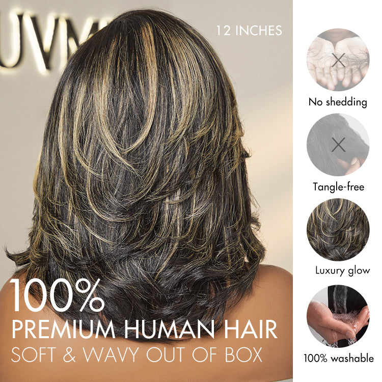 Honey Blonde Highlight Layered Cut Glueless Wig Minimalist HD Lace Human Hair Wig-09