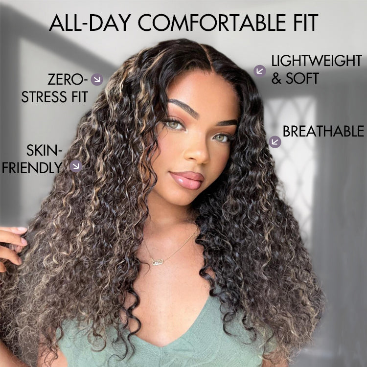 AiryFit™ Scalp Care Wigs - Blonde Highlight Water Wave Snugfit Glueless 5x5 Closure Lace Long Curly Wig Pre-Cut Lace-08