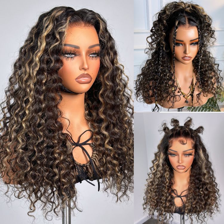 AiryFit™ Scalp Care Wigs - Blonde Highlight Water Wave Snugfit Glueless 5x5 Closure Lace Long Curly Wig Pre-Cut Lace-06