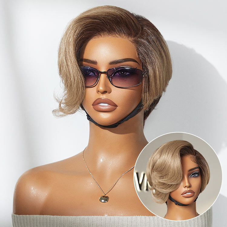Luvme glueless pixie cut wig with pre-cut lace, minimalist HD lace for new customers, showcasing the short, sleek hairstyle.