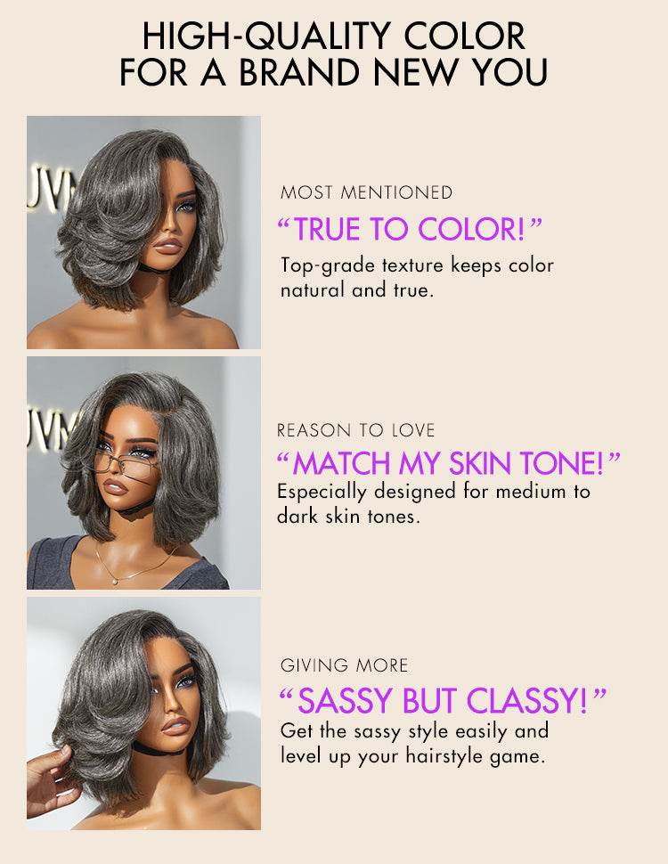 Crazy Wednesday | Boss Vibe Salt & Pepper Layered Bob / Body Wave Glueless Pre-Cut Minimalist Lace Grey Wig-15