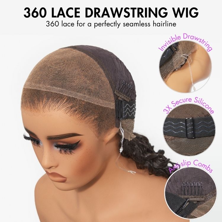 Luvme Hair PreMax Wigs Flexi-Fit Invisi Drawstring Cap with 360 HD lace in water wave, body wave, and straight long wig style