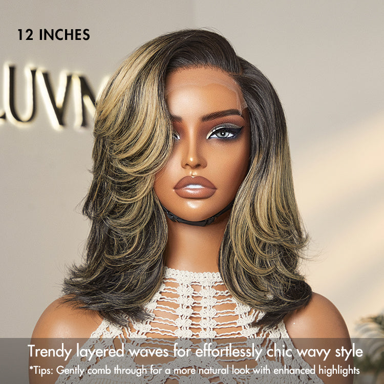 Honey Blonde Highlight Layered Cut Glueless Wig Minimalist HD Lace Human Hair Wig-08