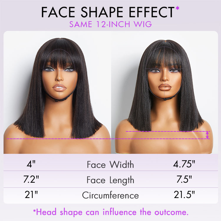 Luvme Hair beginner-friendly Yaki straight blunt cut bob with bangs minimalist lace wig, glueless and natural-looking for easy wear.