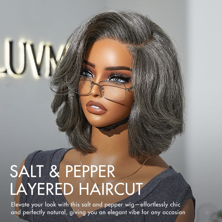 Crazy Wednesday | Boss Vibe Salt & Pepper Layered Bob / Body Wave Glueless Pre-Cut Minimalist Lace Grey Wig-04