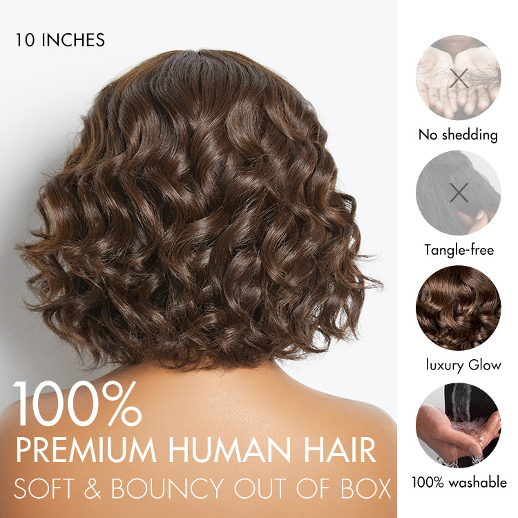 Beginner Friendly Brown Loose Wave Glueless Minimalist Lace Shoulder Length Wavy Bob Wig with Bangs-07