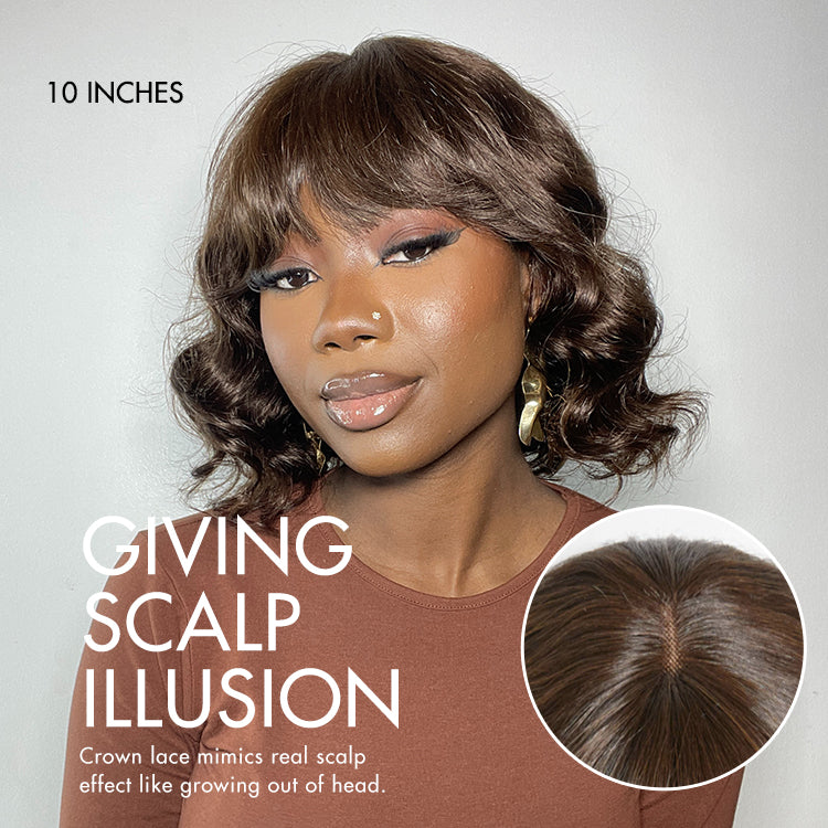 Beginner Friendly Brown Loose Wave Glueless Minimalist Lace Shoulder Length Wavy Bob Wig with Bangs-05