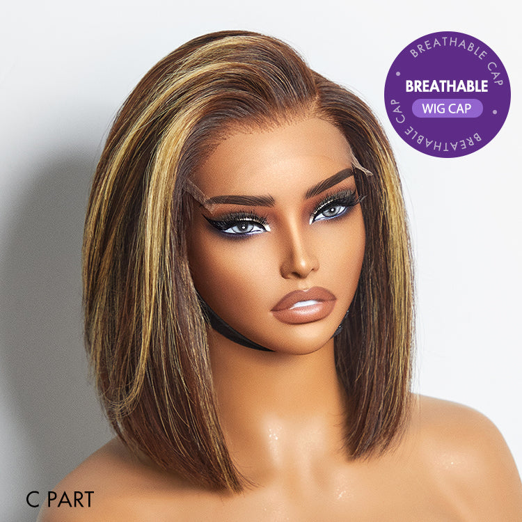 Luvme Hair glueless HD lace bob wig with blunt cut, 7x6 closure, breathable cap, silky texture, and natural parting.