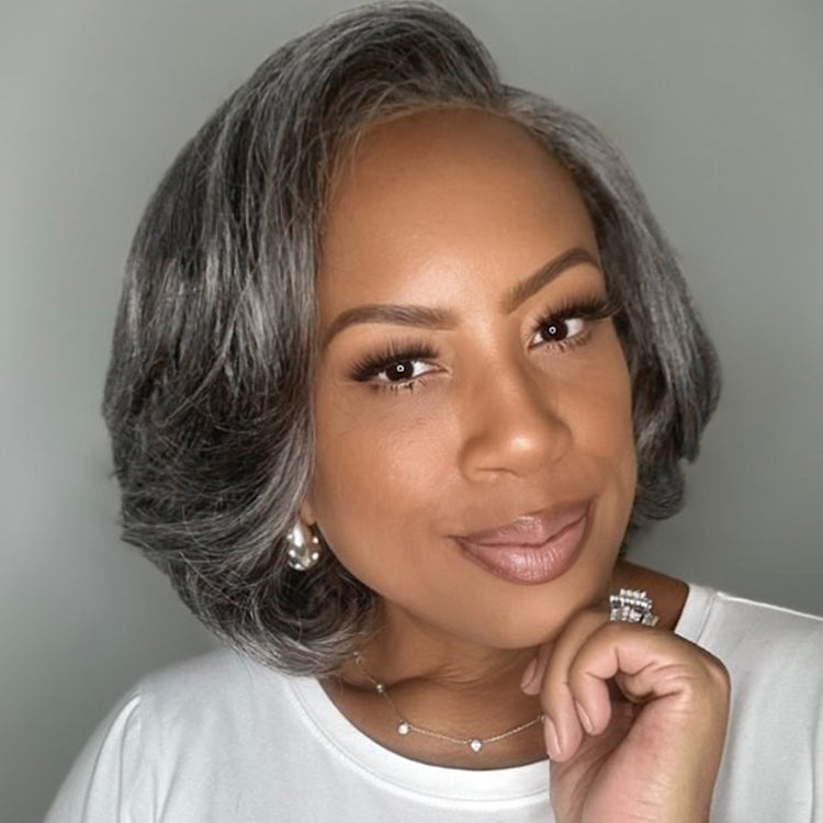 Crazy Wednesday | Boss Vibe Salt & Pepper Layered Bob / Body Wave Glueless Pre-Cut Minimalist Lace Grey Wig-02