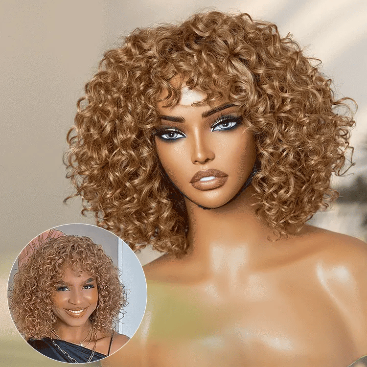 Lightweight Sun-kissed Vibe Blonde Short Cut Water Wave Glueless Minimalist Lace Curly Wig with Bangs-02