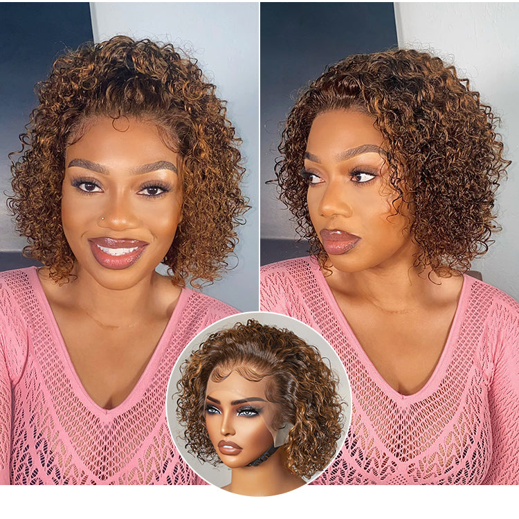 Brown Highlight / Jet Black Short Cut Slicked Back Curly Ear-to-ear Wide T Lace Wig-09