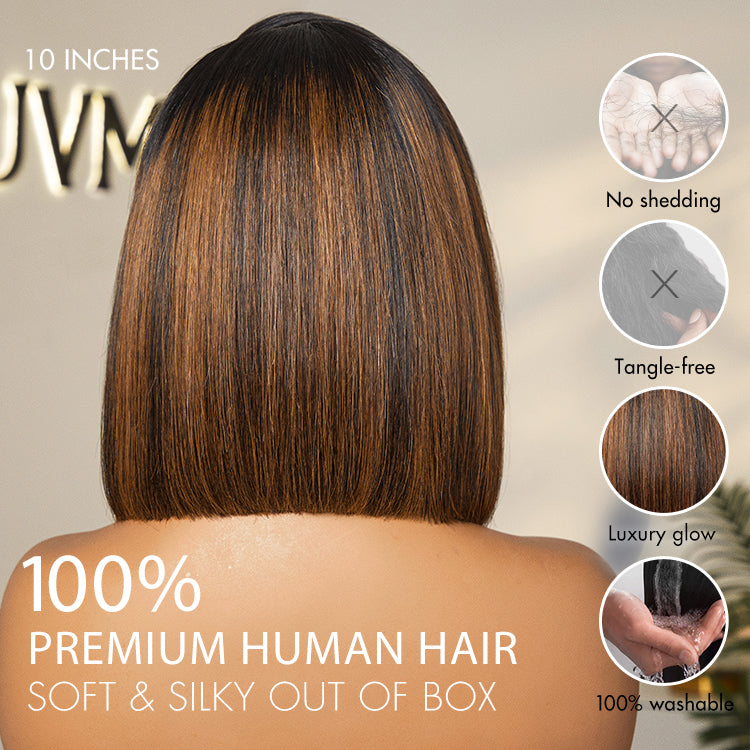 AiryFit™ Scalp Care Wigs - Brown Highlights Silky Blunt Cut Bob Snugfit Glueless Minimalist HD Lace Wig Pre-Cut Lace-07