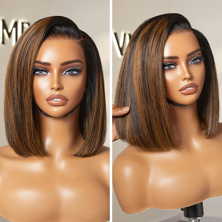 AiryFit™ Scalp Care Wigs - Brown Highlights Silky Blunt Cut Bob Snugfit Glueless Minimalist HD Lace Wig Pre-Cut Lace-05