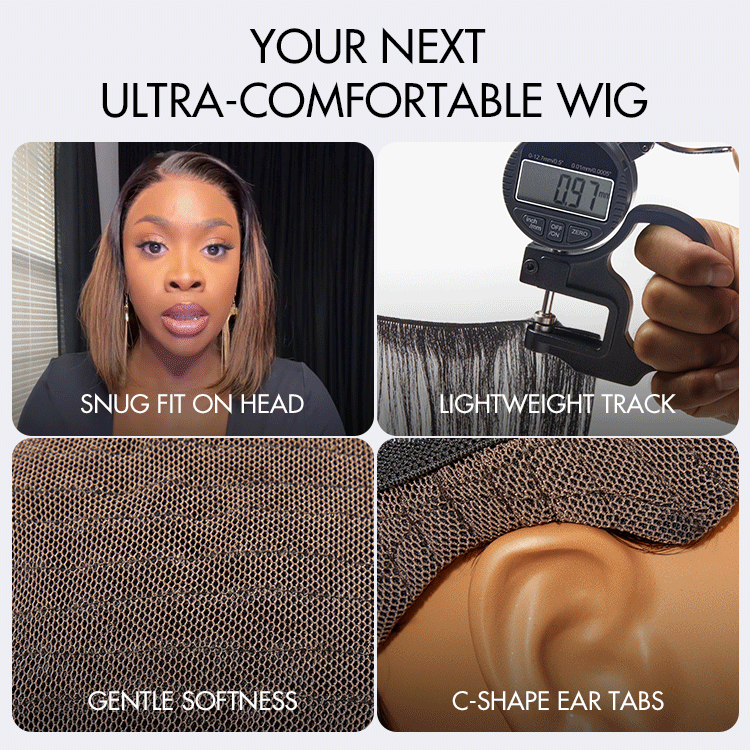 AiryFit™ Scalp Care Wigs - Brown Highlights Silky Blunt Cut Bob Snugfit Glueless Minimalist HD Lace Wig Pre-Cut Lace-03