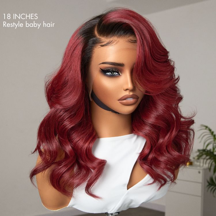 Gorgeous Loose Body Wave Red Hair Wig with Dark Roots Ear-to-Ear 13x4 Frontal Lace Wig-07