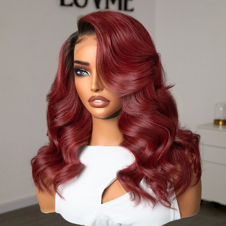 Gorgeous Loose Body Wave Red Hair Wig with Dark Roots Ear-to-Ear 13x4 Frontal Lace Wig-02