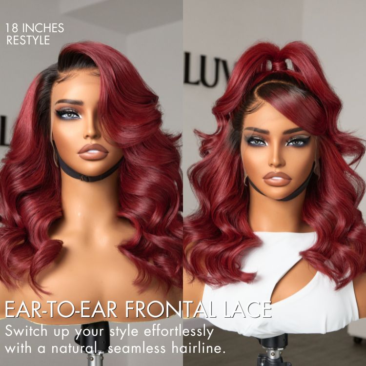 Gorgeous Loose Body Wave Red Hair Wig with Dark Roots Ear-to-Ear 13x4 Frontal Lace Wig-03