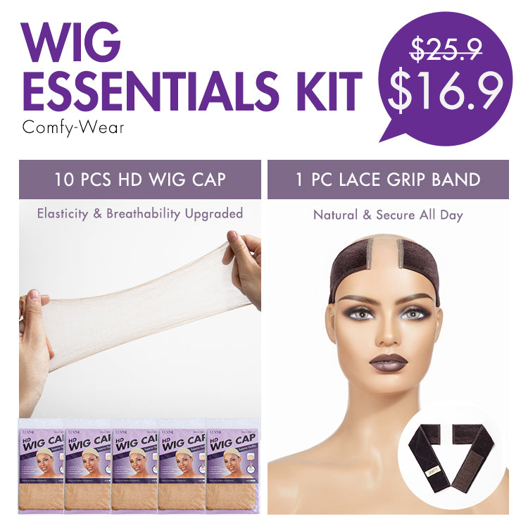 Luvme Hair Comfy-Wear Set with 10 HD wig caps and 1 adjustable non-slip velvet wig grip band in random colors.