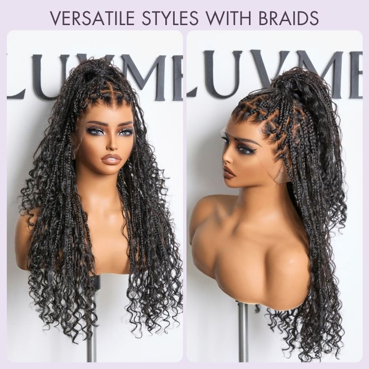 Luvme Hair lightweight invisibility drawstring cap full lace knotless boho curls long braided wig with natural scalp appearance
