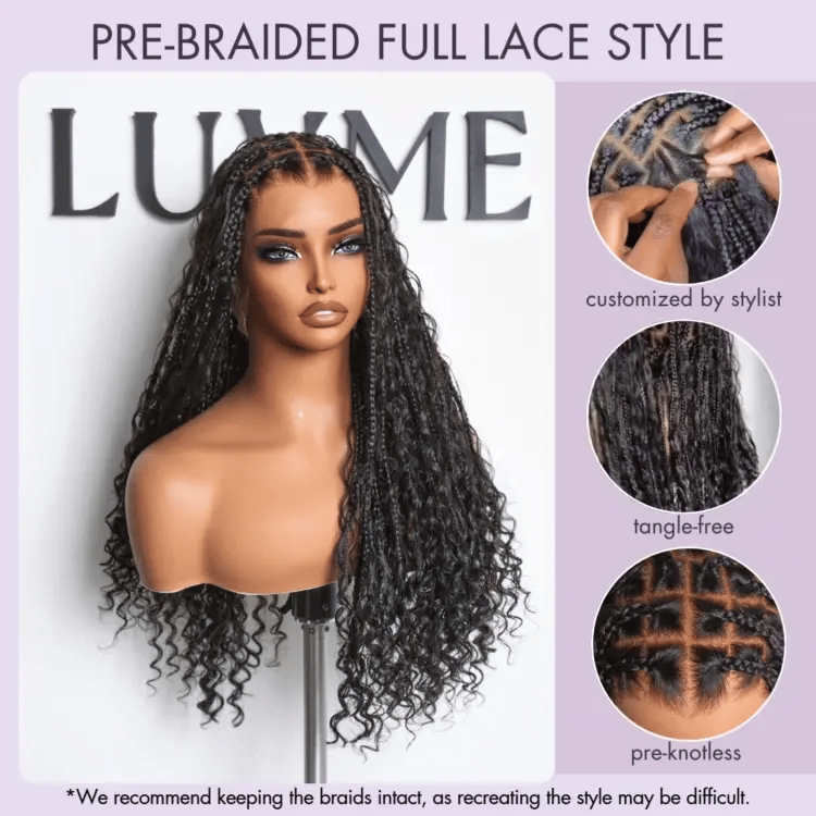 Luvme Hair Flexi-Fit Invisi Drawstring Cap with full lace knotless boho curls long braided wig on a mannequin head