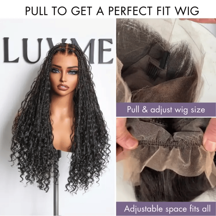 BOGO | Readitress Light Weight Flexi-Fit Invisi Drawstring Cap 26 inches Full Lace Knotless Boho Curls Braided Long Wig Super Natural Scalp-09