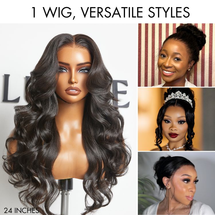 Luvme Hair PreMax Wigs Flexi-Fit Invisi Drawstring Cap with 360 HD lace in water wave, body wave, and straight long wig style