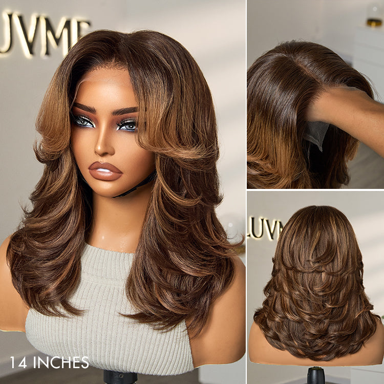 Wavy beige layered short lace wig by Luvme Hair, minimalist style, glueless HD lace for a chic, natural look.