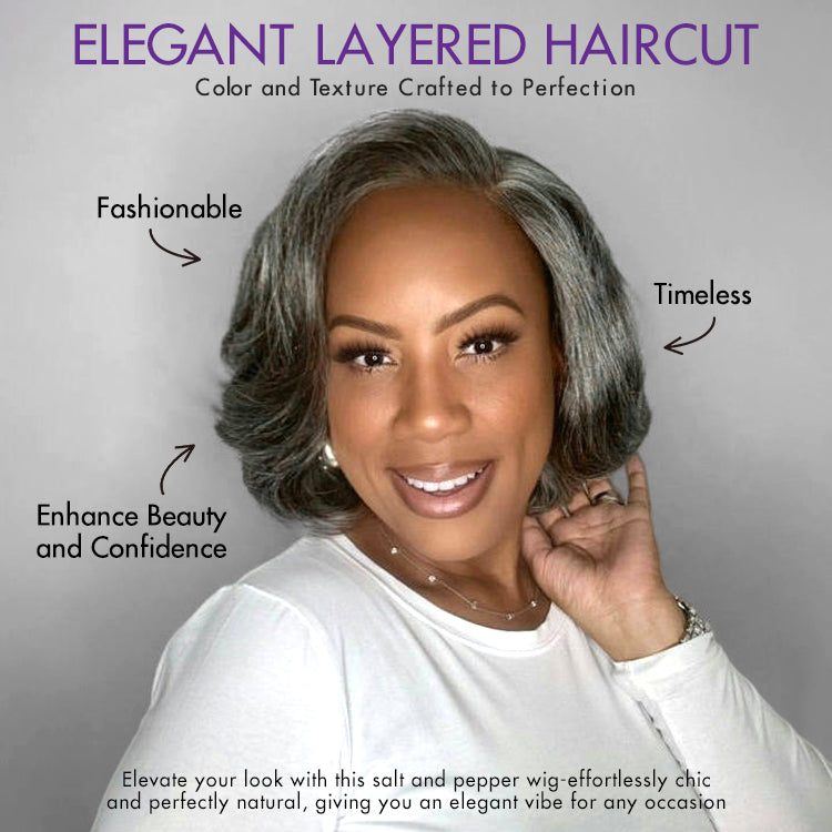 Exclusive Sale | Boss Vibe Salt & Pepper Layered Bob / Body Wave Glueless Pre-Cut Minimalist Lace Grey Wig-03