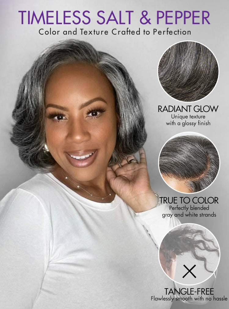 Boss Vibe Salt & Pepper Layered Bob / Body Wave Glueless Pre-Cut Minimalist Lace Grey Wig-34