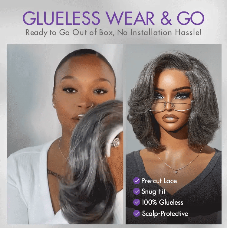 Boss Vibe Salt & Pepper Layered Bob / Body Wave Glueless Pre-Cut Minimalist Lace Grey Wig-35