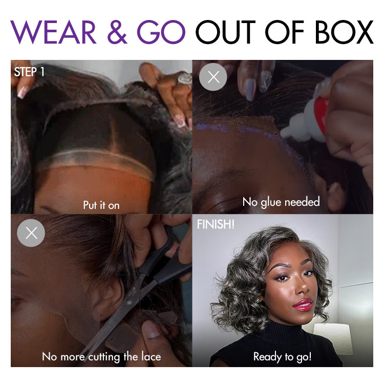 Elegant Salt & Pepper Grey Wig Loose Body Wave Glueless Minimalist Lace Short Wig Pre-Cut Lace-13