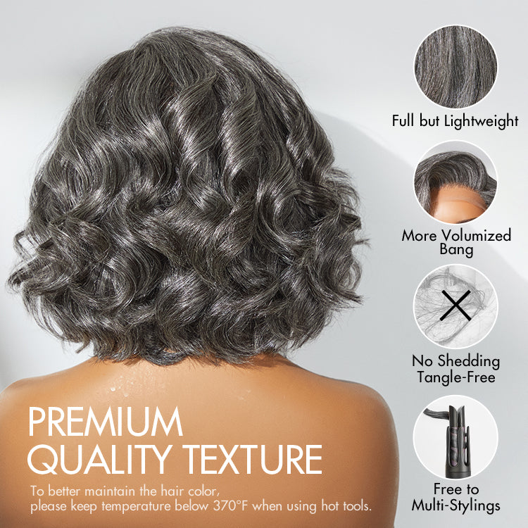 Elegant Salt & Pepper Grey Wig Loose Body Wave Glueless Minimalist Lace Short Wig Pre-Cut Lace-10