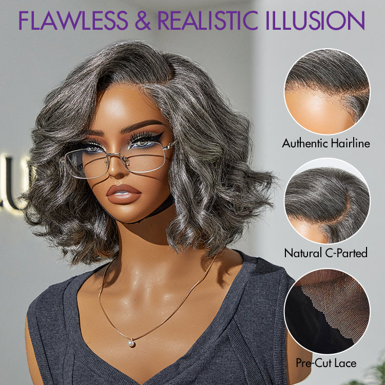 New Customers Only | Elegant Salt & Pepper Grey Wig Loose Body Wave Glueless Minimalist Lace Short Wig Pre-Cut Lace-05
