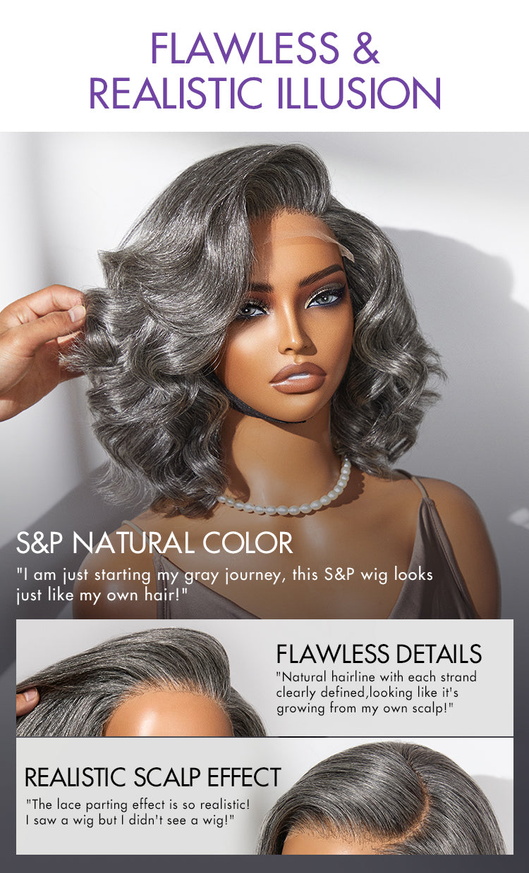 Mature Boss Salt and Pepper Bouncy Egg Curls Glueless Minimalist HD Lace Grey Wig-19