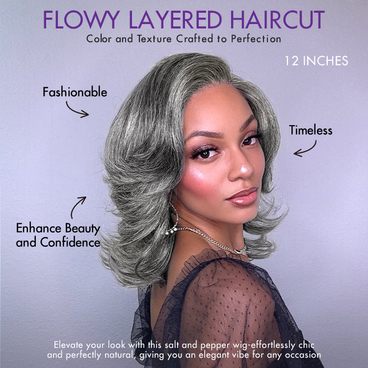 New Customers Only | Layered Blowout Salt and Pepper Glueless Grey Wig Minimalist HD Lace Shoulder Length Wavy Wig-04