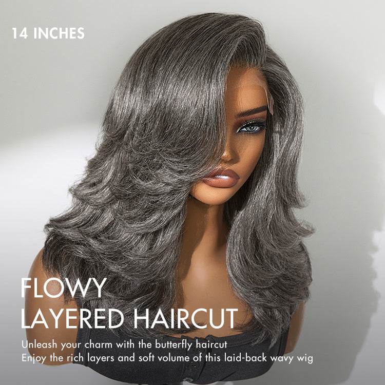 Layered Blowout Salt and Pepper Glueless Grey Wig Minimalist HD Lace Shoulder Length Wavy Wig-12