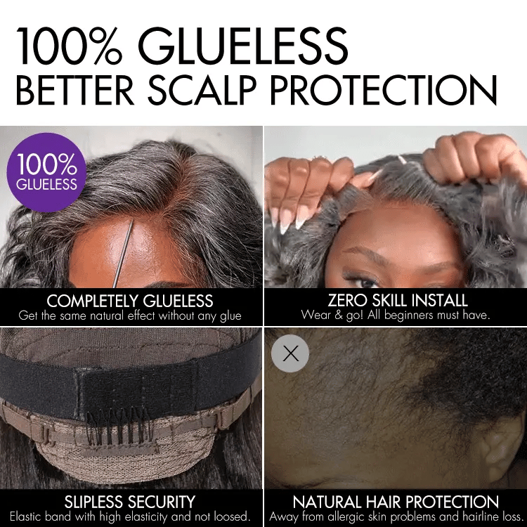 Layered grey wig by Luvme Hair featuring shoulder-length wavy style, HD lace, minimalistic blowout look, and glueless design.