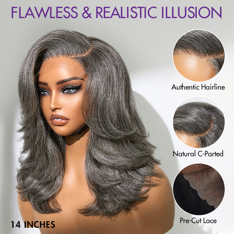New Customers Only | Layered Blowout Salt and Pepper Glueless Grey Wig Minimalist HD Lace Shoulder Length Wavy Wig-08