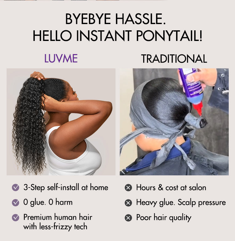 Water Wave Flexi-Fit Drawstring Ponytail Extension Human Hair Natural Black Curly Ponytail-10