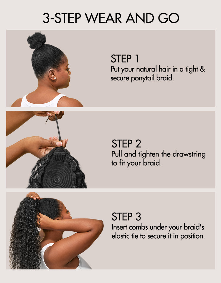 Water Wave Flexi-Fit Drawstring Ponytail Extension Human Hair Natural Black Curly Ponytail-11