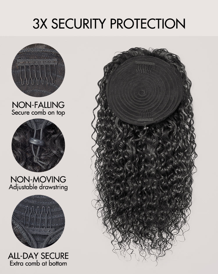 Water Wave Flexi-Fit Drawstring Ponytail Extension Human Hair Natural Black Curly Ponytail-12