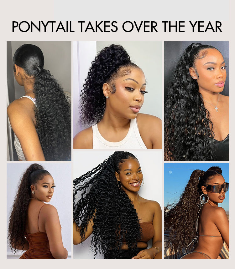 Water Wave Flexi-Fit Drawstring Ponytail Extension Human Hair Natural Black Curly Ponytail-15