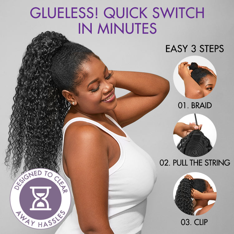 Water Wave Flexi-Fit Drawstring Ponytail Extension Human Hair Natural Black Curly Ponytail-06