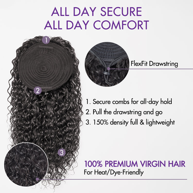 Water Wave Flexi-Fit Drawstring Ponytail Extension Human Hair Natural Black Curly Ponytail-07