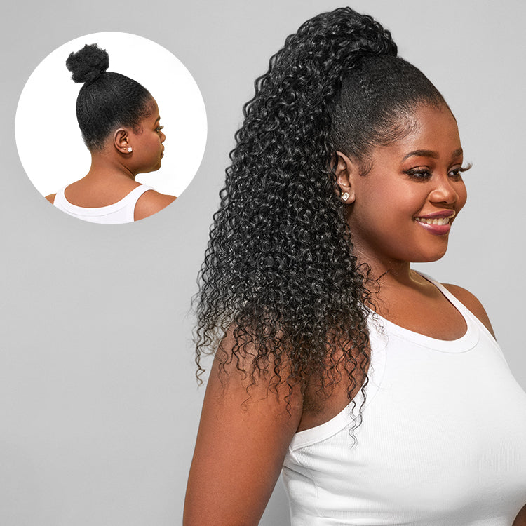 Water Wave Flexi-Fit Drawstring Ponytail Extension Human Hair Natural Black Curly Ponytail-01