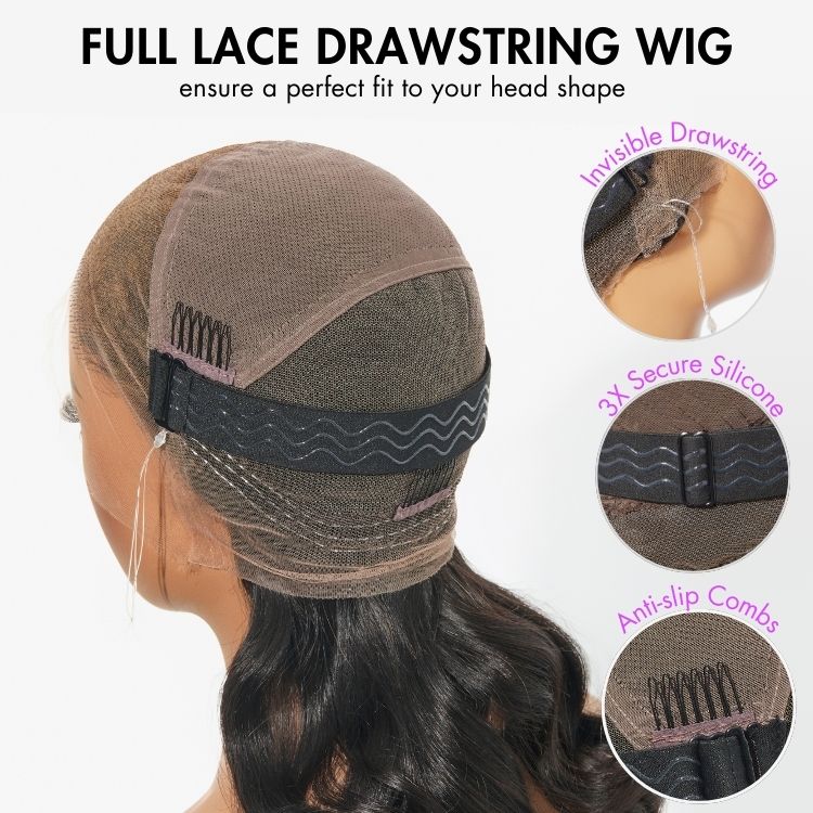 Luvme Hair full lace body wave human hair wig with invisible drawstring cap and flexible fit, featuring loose wave style.