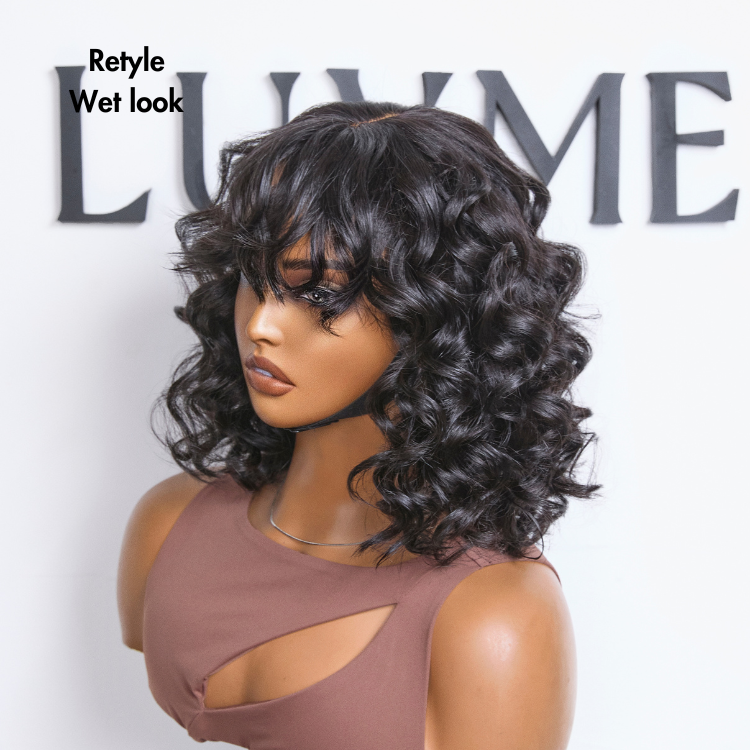 Mature Lady Short Loose Wave Minimalist Lace Wavy Bob Wig with Bangs - US Only-06