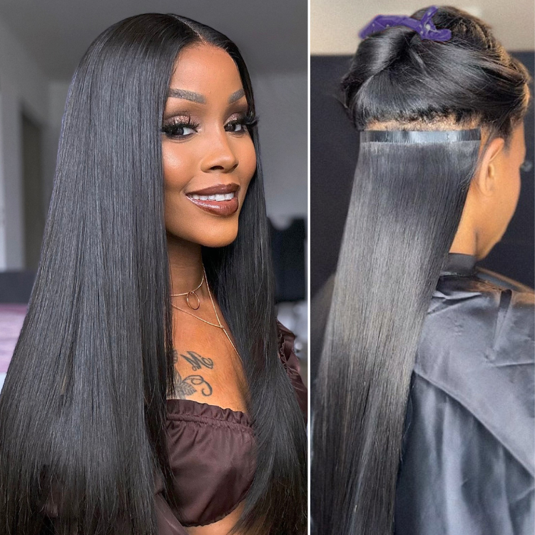 Luvme straight human hair clip-in extensions installed and blended with natural hair